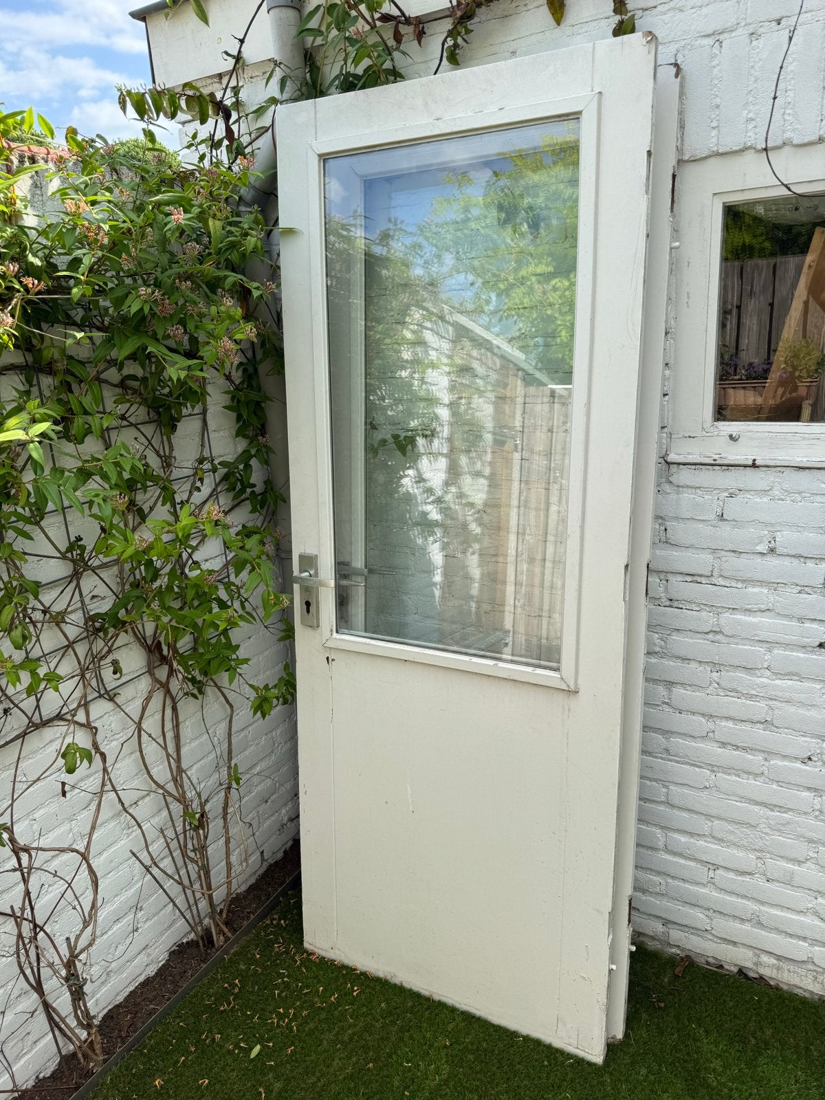 Buitendeur met dubbel glas, wit, 213x82,5 cm, Ophalen, Gebruikt, 80 tot 100 cm, Buitendeur