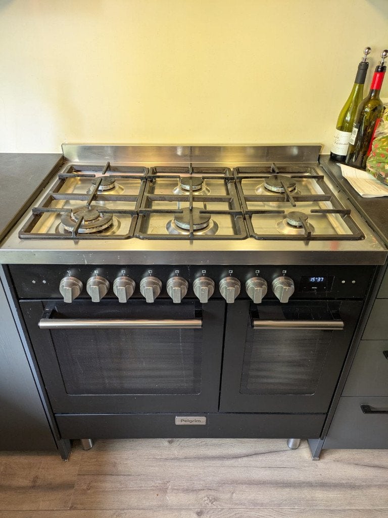 Afgetakeld Pelgrim gasfornuis 6 pits 2 ovens en spit 90cm, Ophalen, Gebruikt, 60 cm of meer, Gas