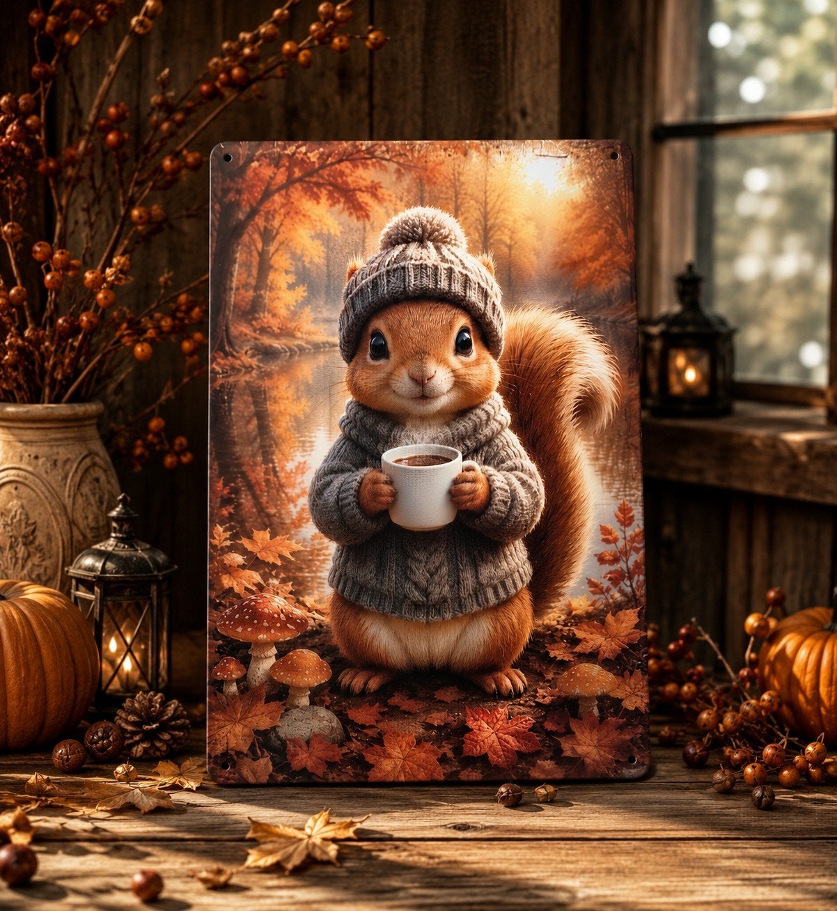 Metalen Herfst Bordje 20x30 cm - Eekhoorn met Koffie, Metaal, 30 cm, 20 cm, Nieuw