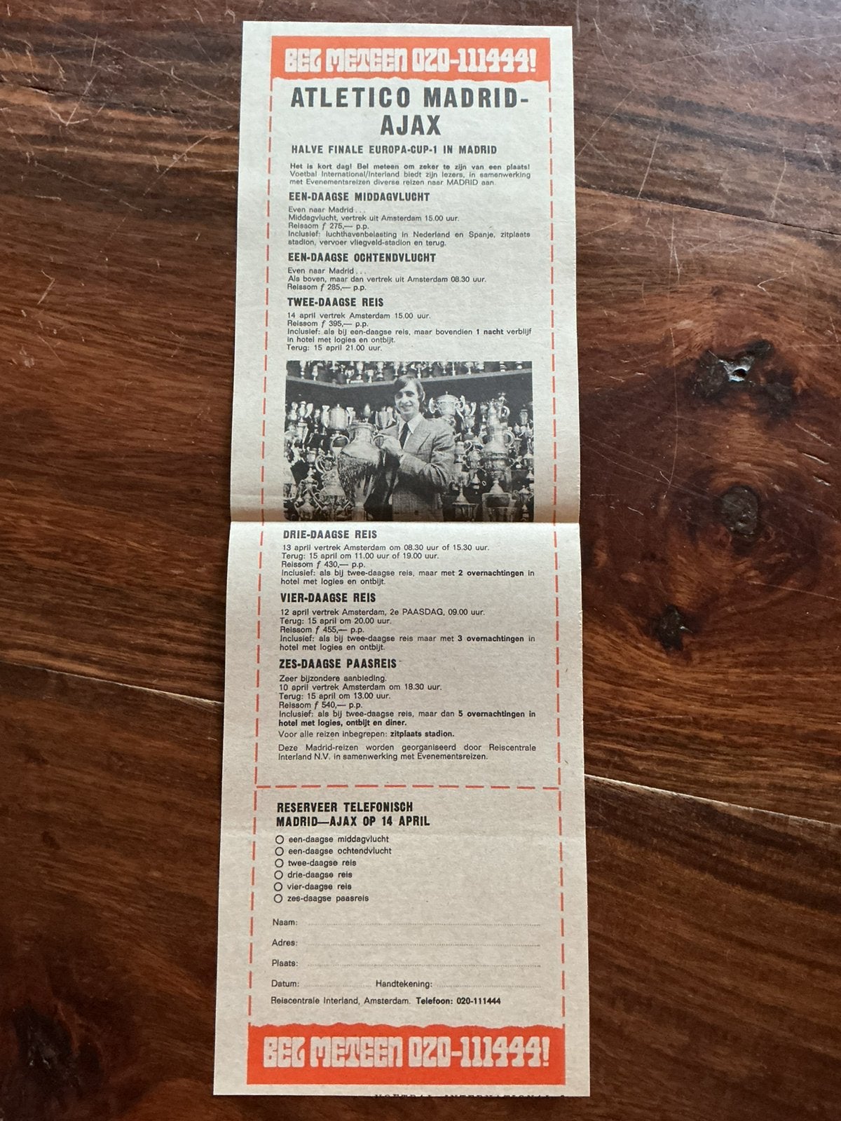Voetbal reklame Atletico Madrid Ajax  1971 Cruijff, Ophalen of Verzenden, 1960 tot 1980, Knipsel(s)