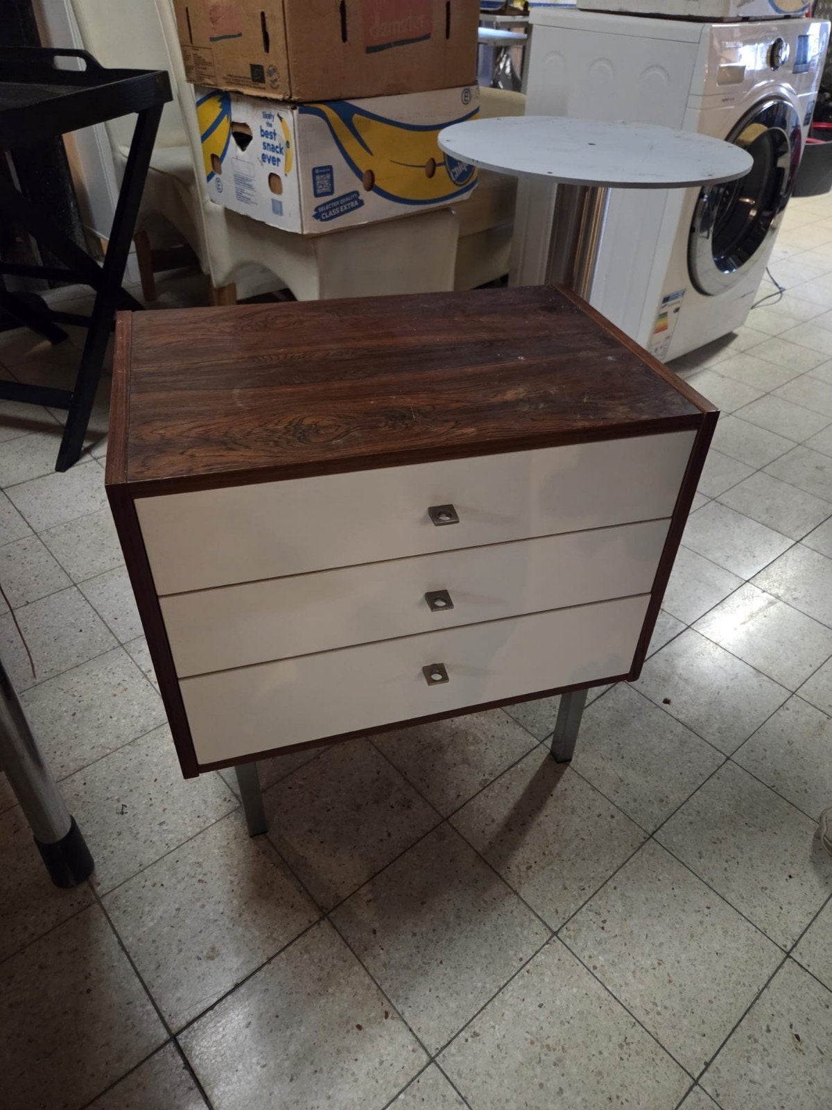 Vintage ladekastje met 3 laden - Hout en wit, Gebruikt, Vintage, Mid-century modern, 50 tot 100 cm, 3 of 4 laden