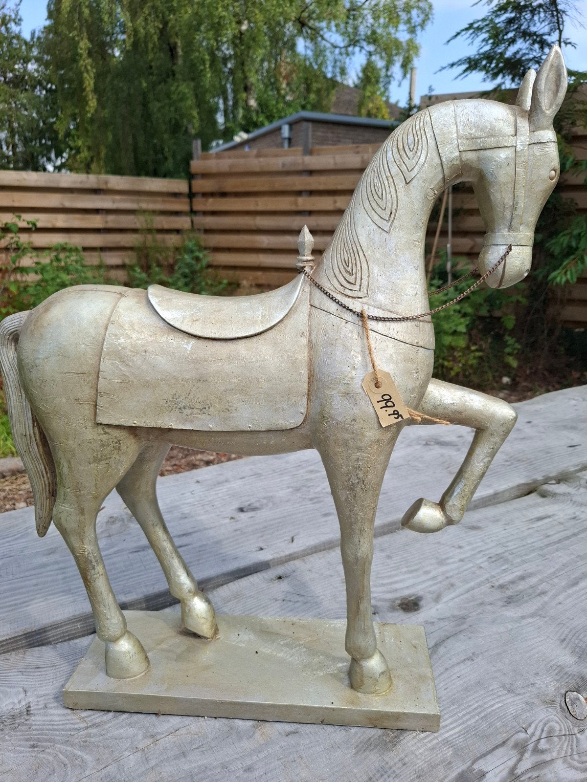 zwaar paarden beeld, Zilver, Zoogdier, Hout, Modern