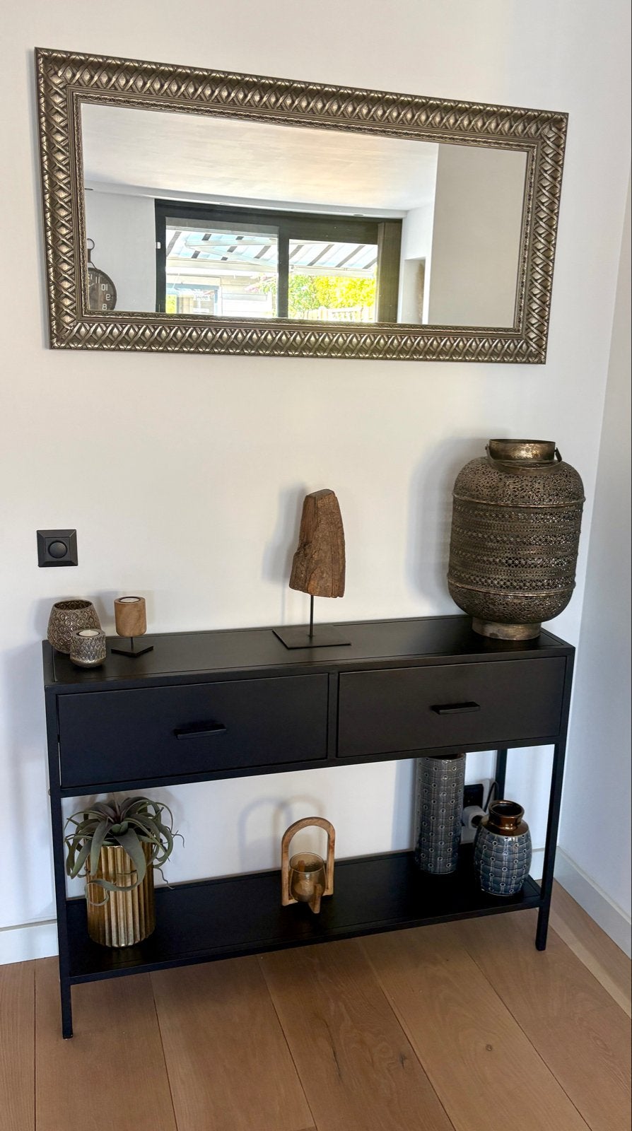 Zwarte metalebn wandtafel met 2 lades/plank en spiegel, Ophalen, 100 tot 150 cm, Zo goed als nieuw, Metaal