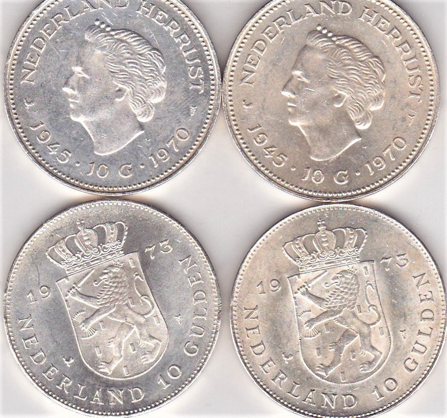 10 GULDEN MUNTEN ZILVER 2 X 1970 - 2 X 1973, Postzegels en Munten, Munten | Nederland, Ophalen of Verzenden, Koningin Juliana
