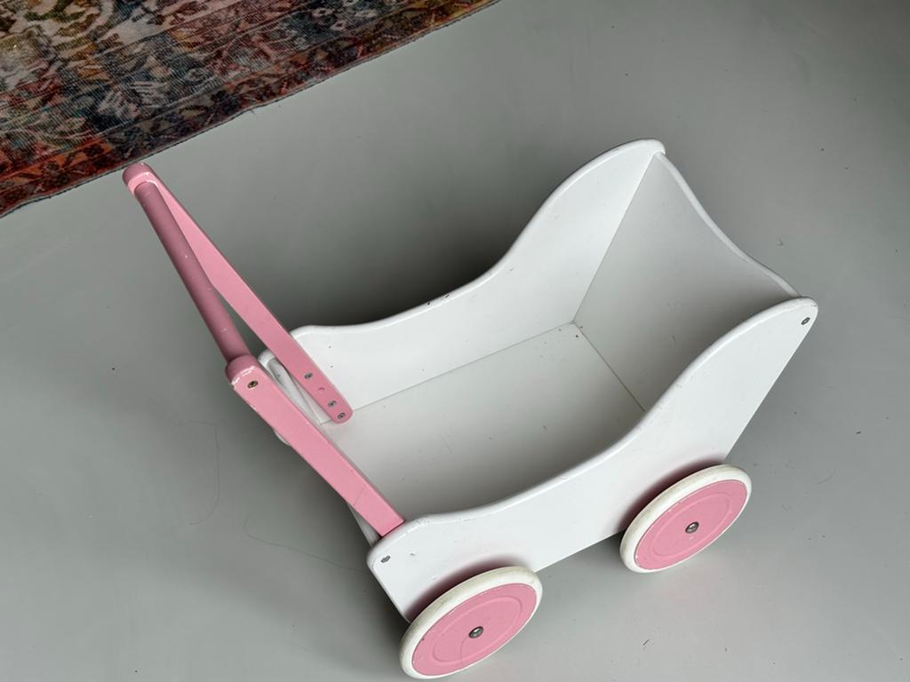 Houten poppenwagen roze/wit - Gebruikt, Ophalen, Gebruikt, Babypop