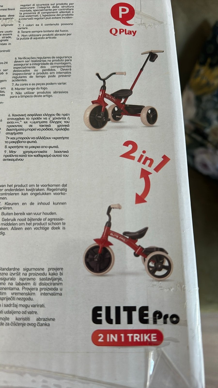 Q Play Elite Pro 2-in-1 Driewieler Duwstang rood en zwart, Ophalen of Verzenden, Nieuw, Duwstang