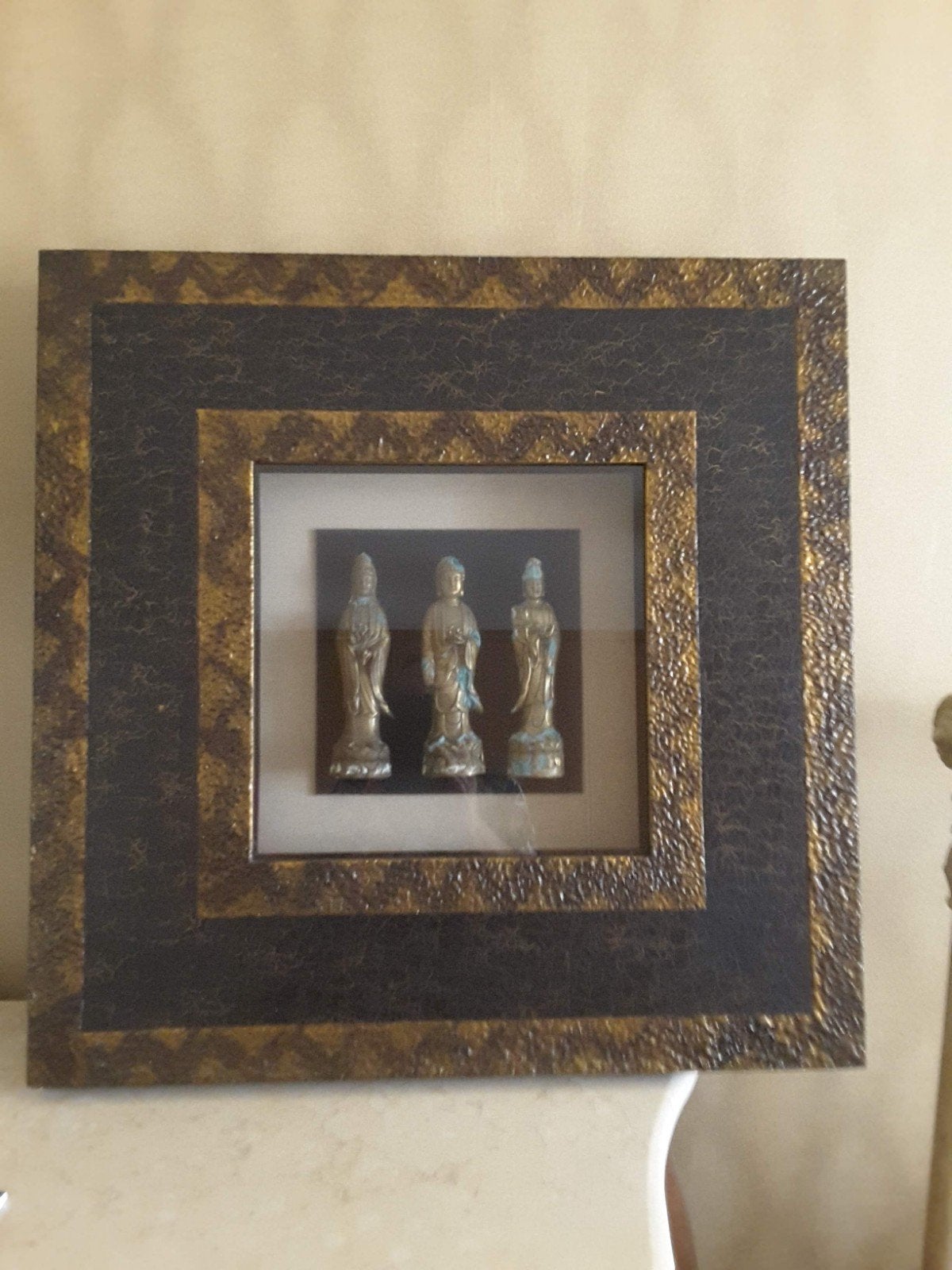 Apart schilderij met inpandige Boeddha's achter glas, Ophalen of Verzenden, Handgemaakt, Wanddecoratie, 1 meter - 2 meter