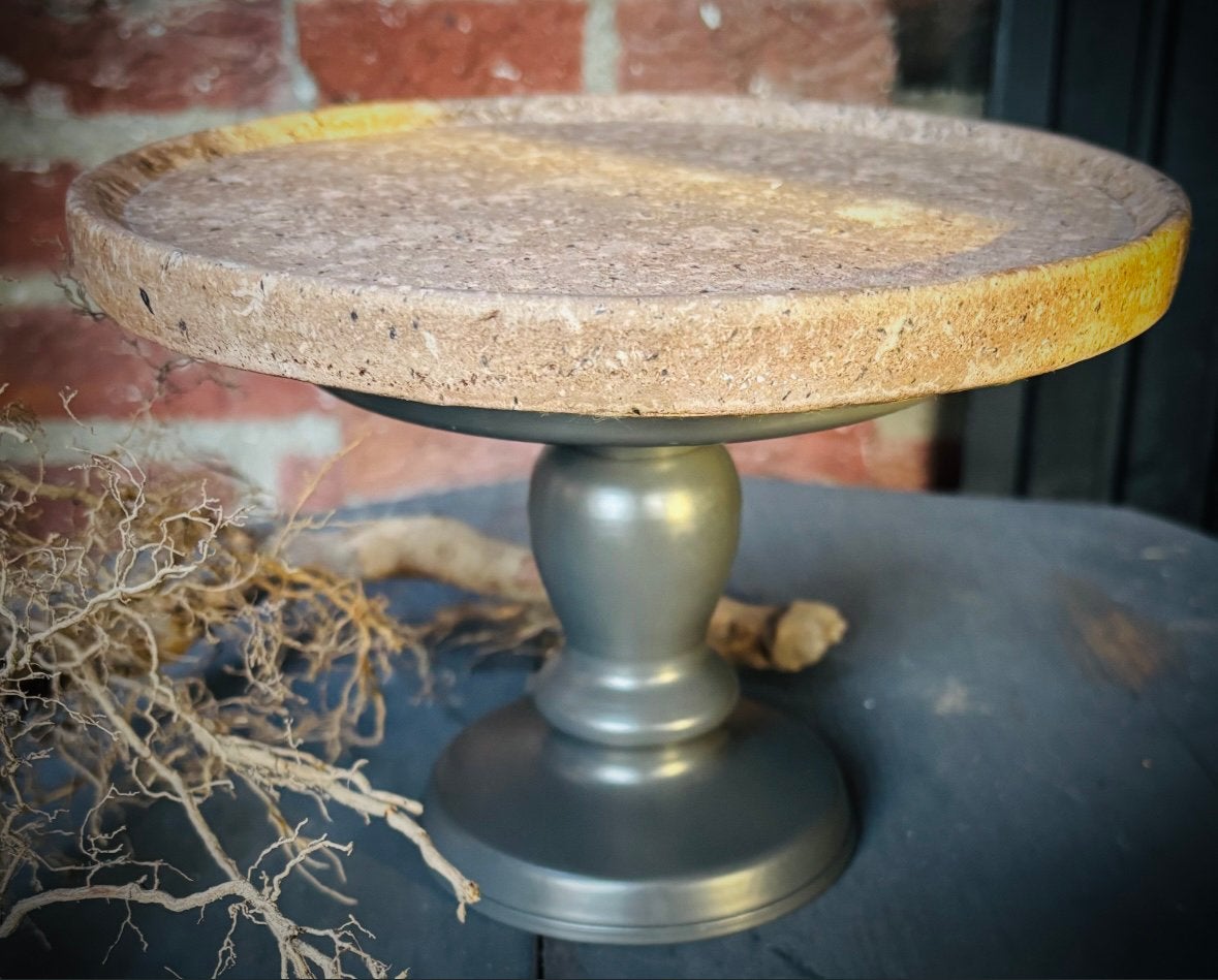 Brocante plateau, stenen tableau op voet grijs/taupe ø 20cm, Ophalen of Verzenden, Zo goed als nieuw