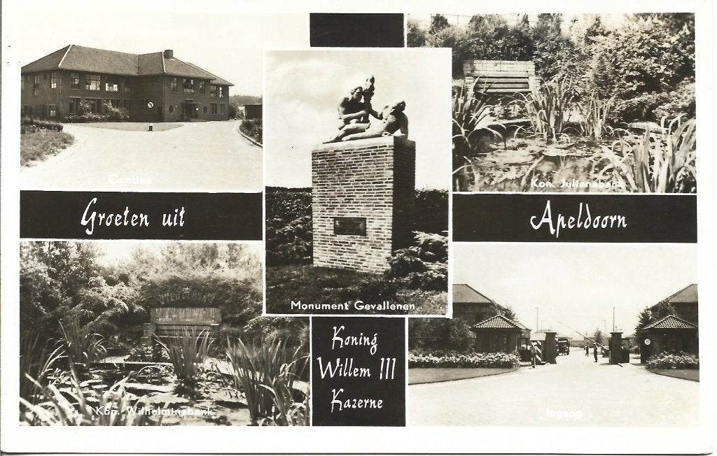 Apeldoorn-Koning Willem 111 Kazerne-Monument-Park-oud 1957, Ophalen of Verzenden, 1940 tot 1960, Gelopen, Gelderland