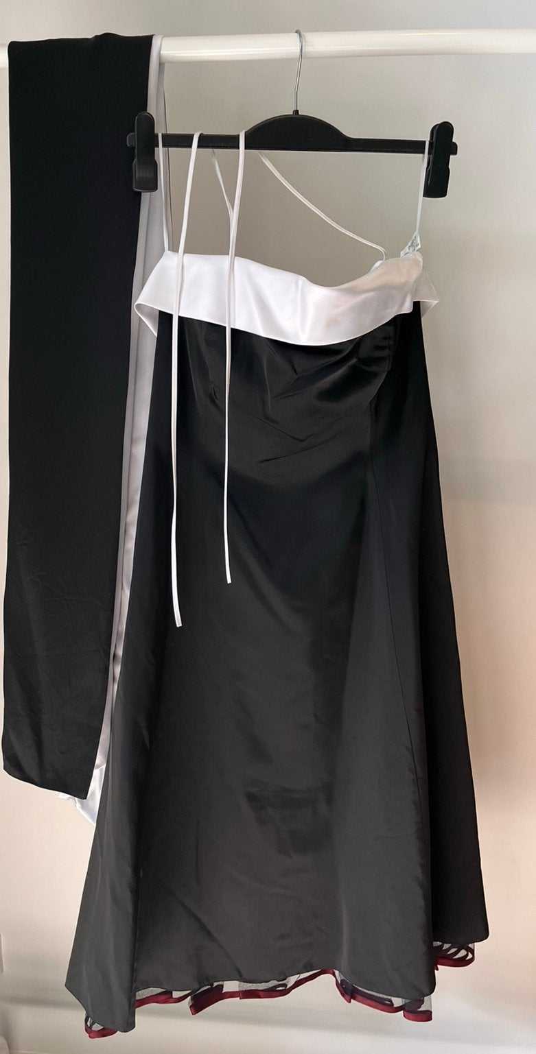 Klassieke tijdloze witte strepless jurk maat 40 met stola, Maat 38/40 (M), Galajurk, Zwart, Ophalen of Verzenden