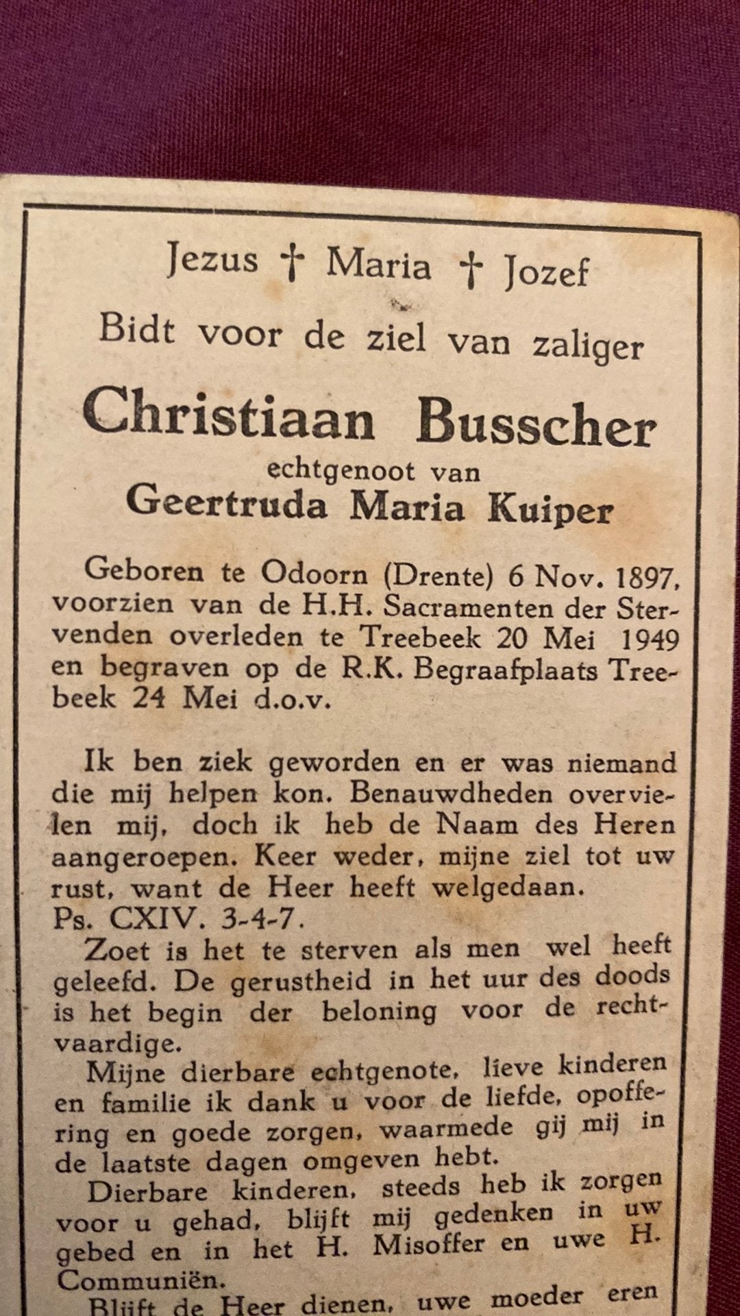 C Busscher x Kuiper 1897 Odoorn 1949 Treebeek, Ophalen of Verzenden