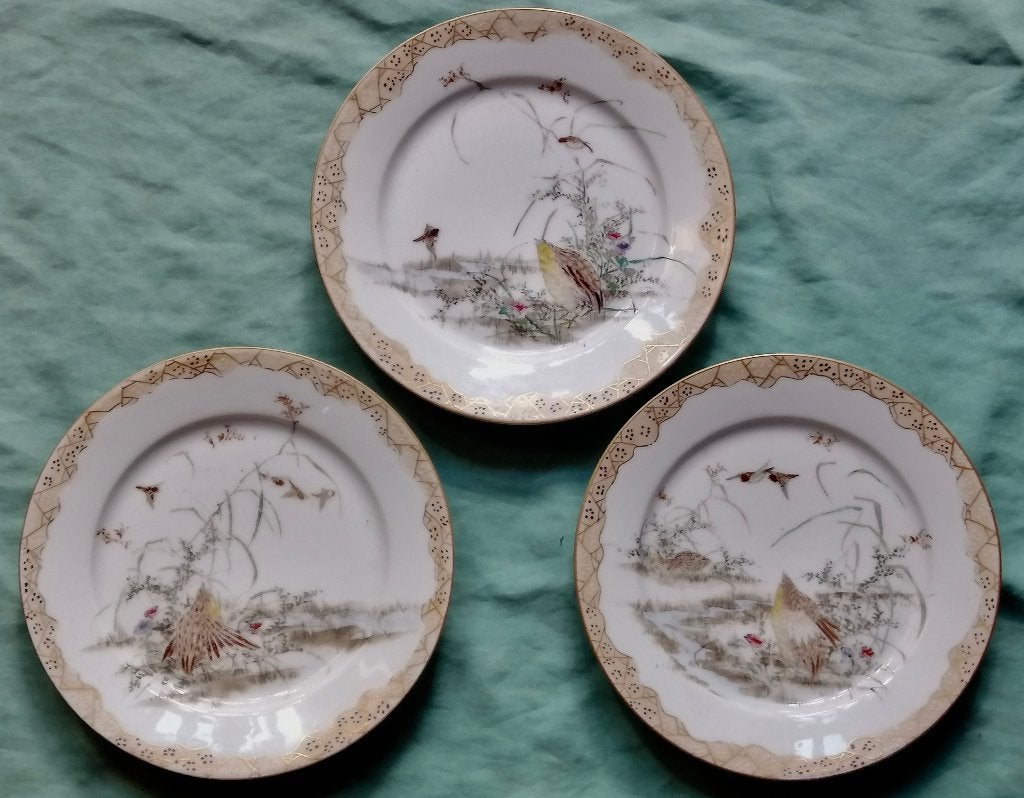 Japans porselein 3 hand geschilderde borden - vogels kwartel, Steen/keramiek, Overige typen, Ophalen of Verzenden, Japan