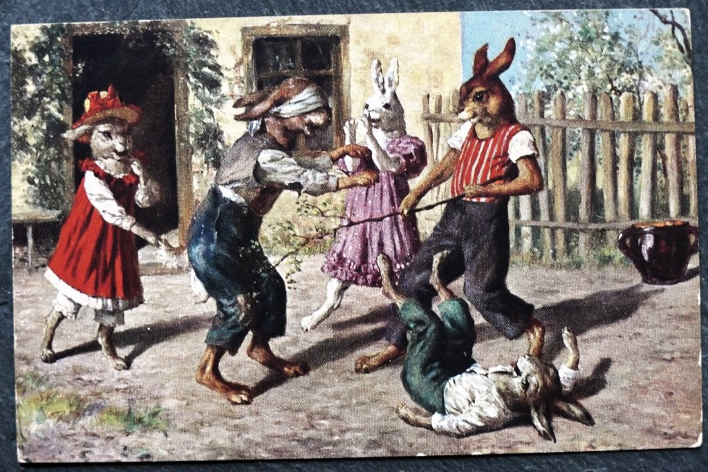Hazen hebben lol tijdens blindemanspelletje, Verzamelen, Verzenden, Voor 1920, Ongelopen, Knaagdier