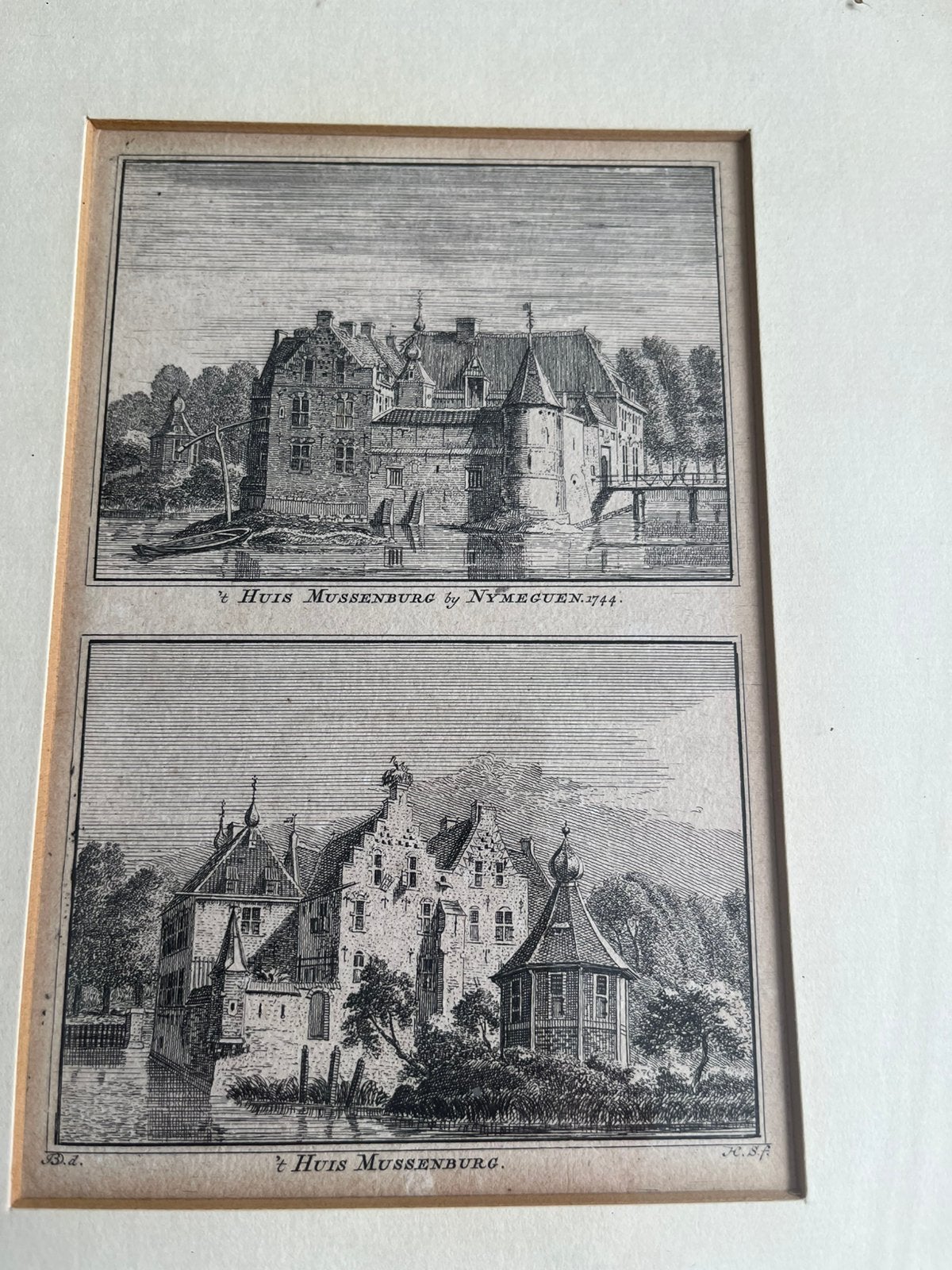 Dubbele gravure ‘t Huis Mussenburg Nijmegen, Antiek en Kunst, 28 cm, Stadsgezicht, 22 cm, Ophalen of Verzenden