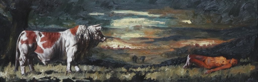 Nico Vrielink ''Taurus met  poserend naakt.'', Ophalen, Figuren, Handgeschilderd, Gemengde techniek