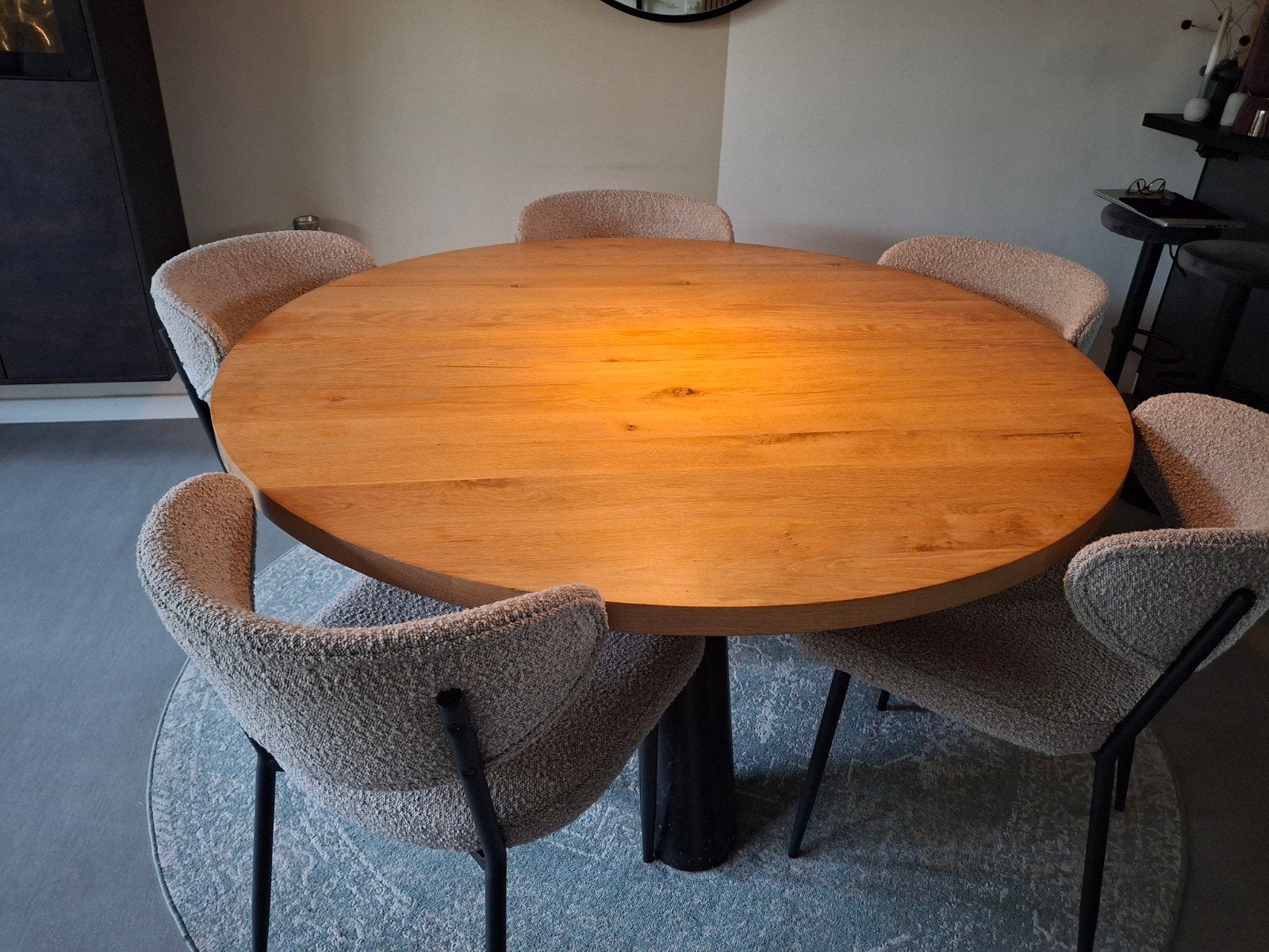 Massief eikenhouten ronde tafel - deelbaar, 150/110 cm, Huis en Inrichting, Ophalen, Gebruikt, 150 tot 200 cm, Vijf personen of meer