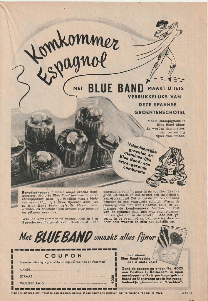 Retro reclame 1950 Blue Band Spaanse groenteschotel recept, Verzamelen, Retro, Verzenden, Overige typen