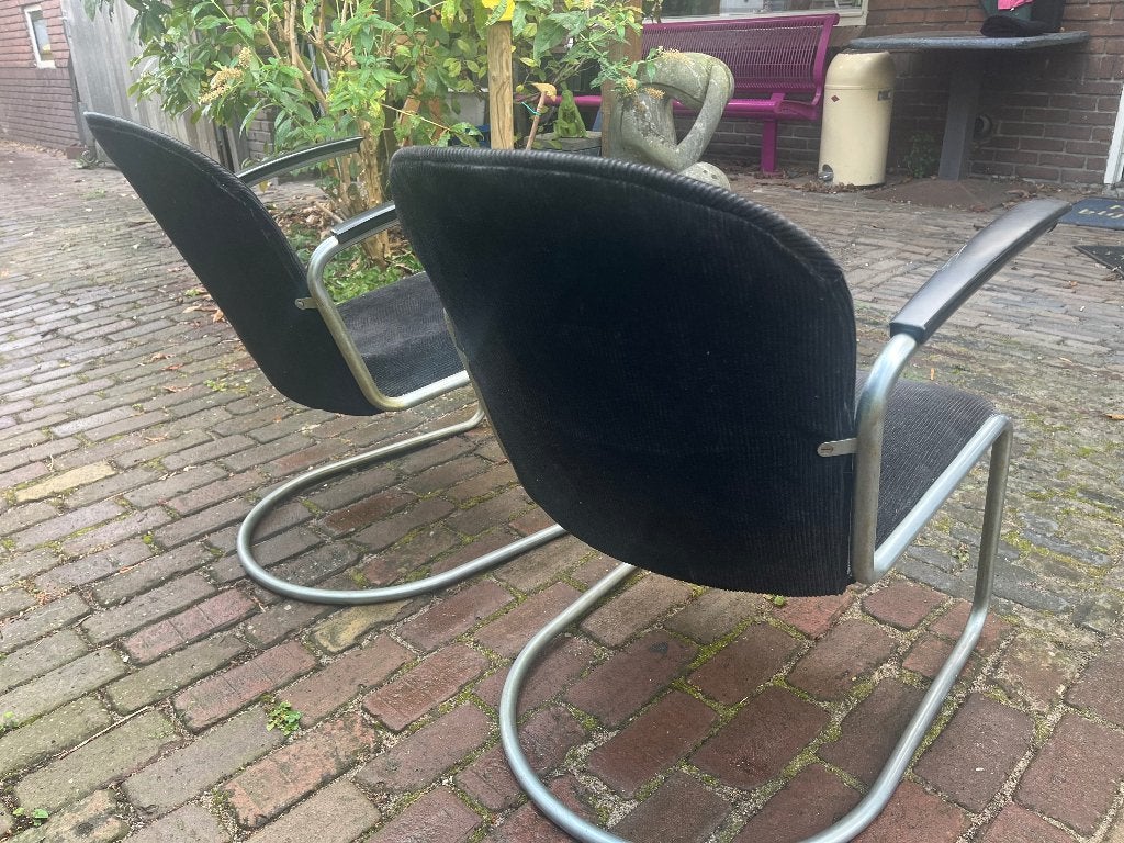 2 Gispen 413 fauteuils zwarte rib en bakeliet, Huis en Inrichting, Fauteuils, Ophalen, Gebruikt, Hout, 75 tot 100 cm