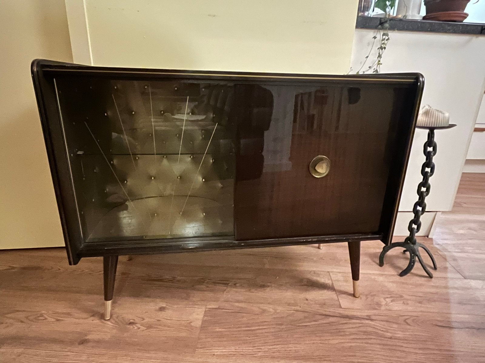 Vintage jaren 50 barkast met glazen schuifdeur, Antiek en Kunst, Ophalen of Verzenden