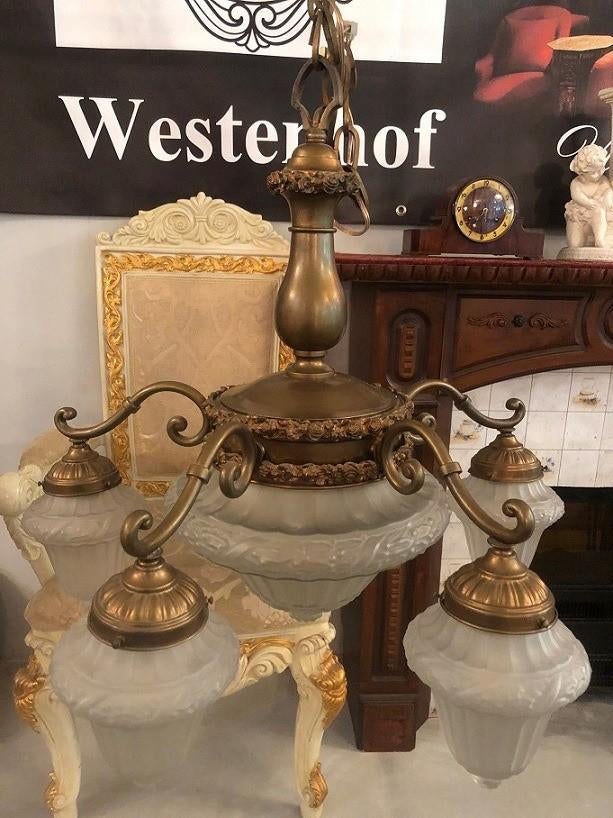 Groot Franse kroonluchter antiek hanglamp brons 5 arms, Ophalen, Gebruikt, Glas