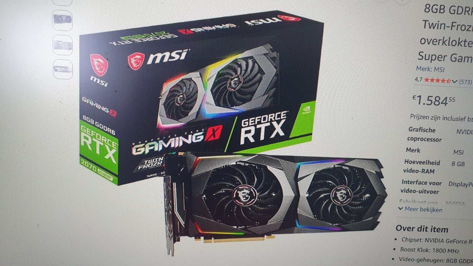 MSI Gaming Geforce RTX 2070 Super 8 GB, Computers en Software, Ophalen, Gebruikt, GDDR6, HDMI