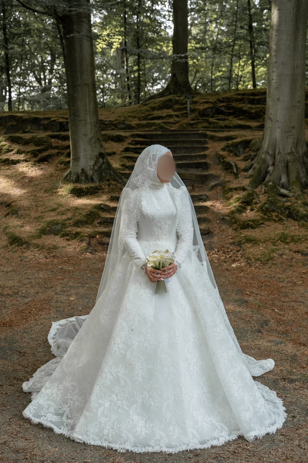 Tesettür trouwjurk Chantilly-kant handgemaakte sluier, Kleding | Dames, Ophalen of Verzenden, Zo goed als nieuw, Wit, Trouwjurk