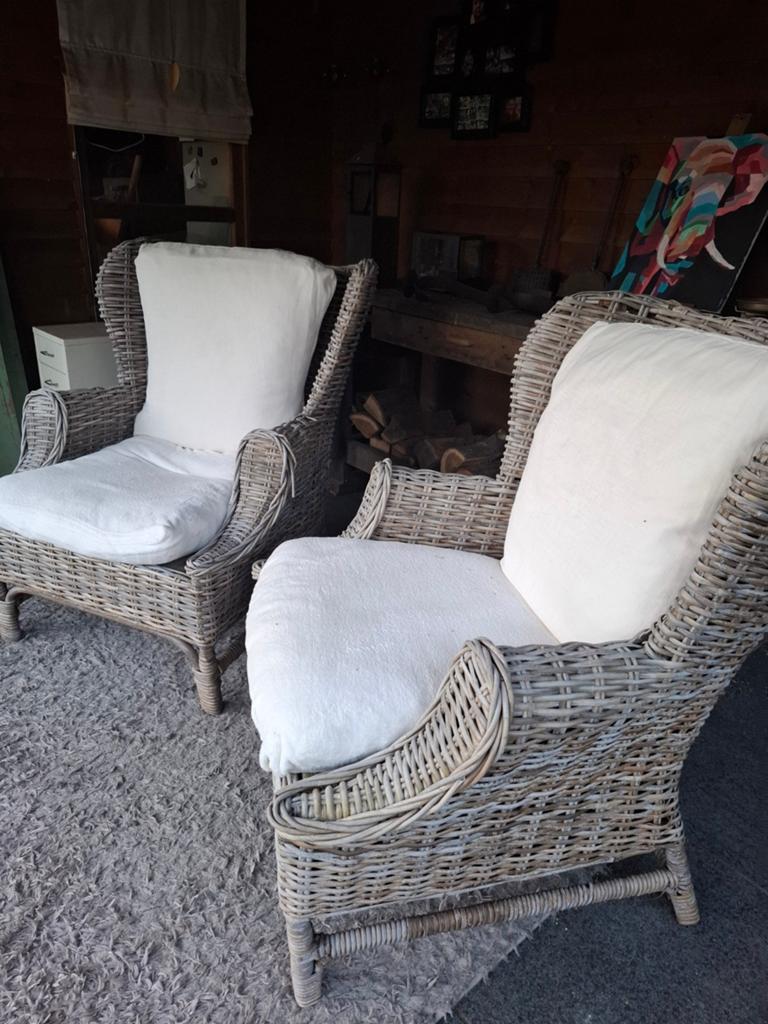 Set van 2 rotan fauteuils met kussens, Huis en Inrichting, Ophalen, Gebruikt, Twee, Overige kleuren