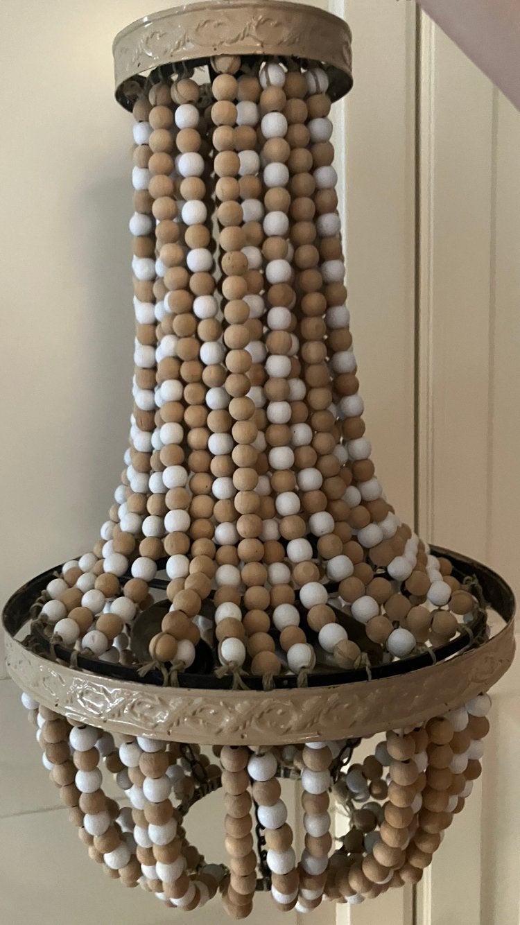 Mooie kroonluchter met houten kralen. Ibiza style!, Ophalen, Gebruikt, Hout