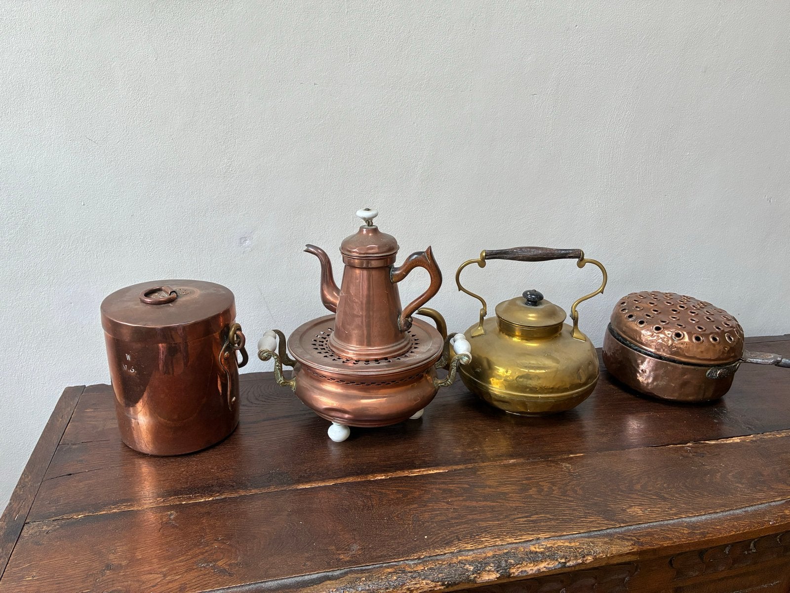 Antieke roodkoperen en geelkoperen Koperen en Bronzen Set, Ophalen of Verzenden, Koper