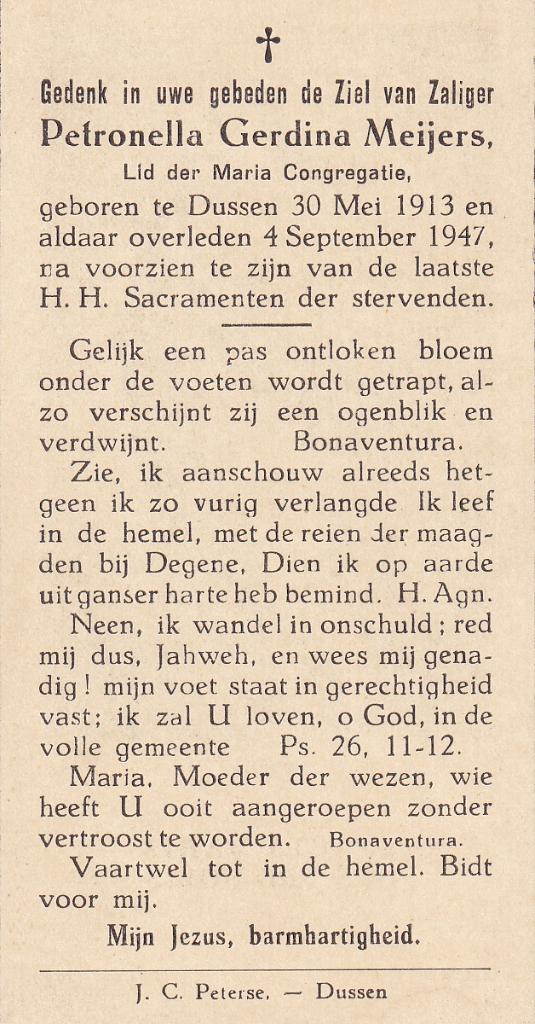 Meijers Petronella 1913 Dussen 1947, Ophalen of Verzenden, Bidprentje