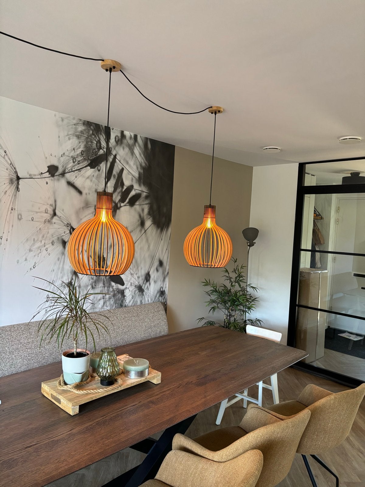 2 Houten hanglampen voor eettafel - Secto Design stijl, Ophalen, Zo goed als nieuw, Hout, E27 (groot)