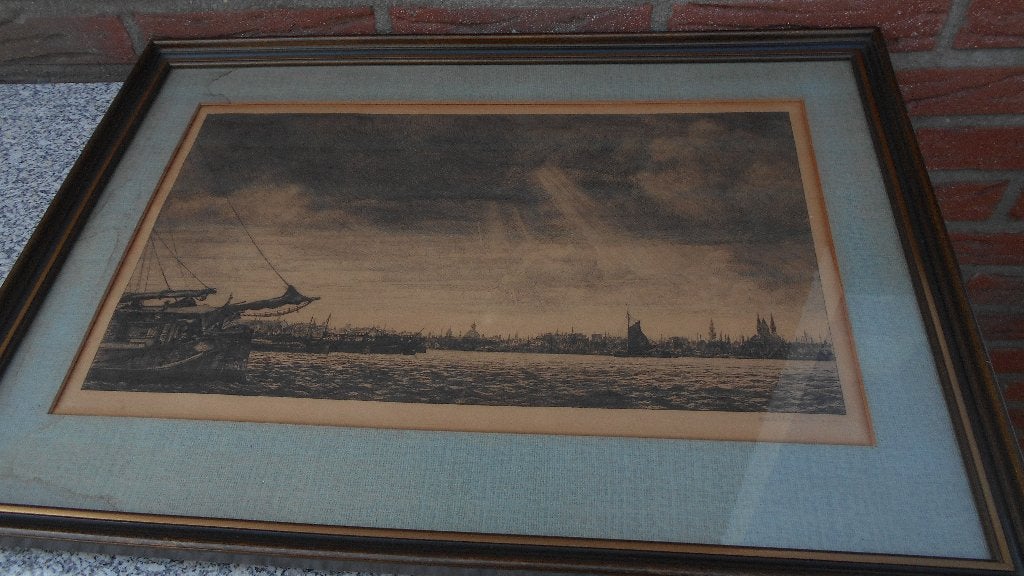 Albert Hemelman ets Amsterdam IJ scheepvaart boot Albertina, Antiek en Kunst, Kunst | Etsen en Gravures, 26 cm, Ets, Gesigneerd