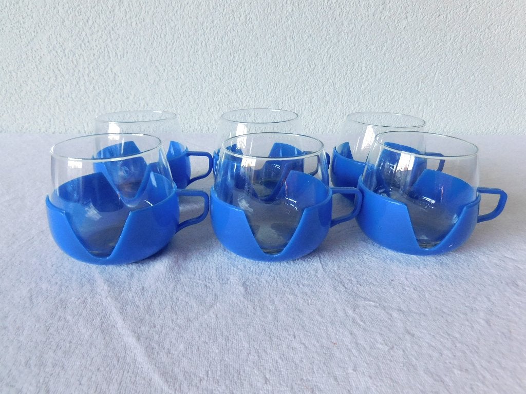 6 Vintage theeglazen in blauwe plastic houder, jaren 70, Hol, Verzamelen, Retro, Ophalen of Verzenden, Overige typen