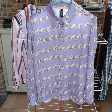 Blouse paars glans print olifantjes Blue Bay mt 40, Maat 38/40 (M), Paars, Nieuw, Ophalen of Verzenden