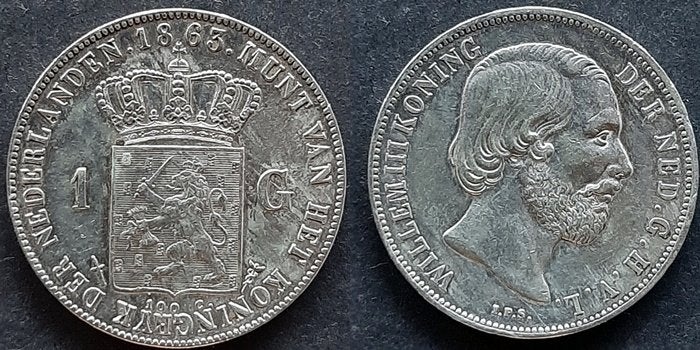 Gulden 1863 Pr, Verzenden, Koning Willem III, 1 gulden, Zilver