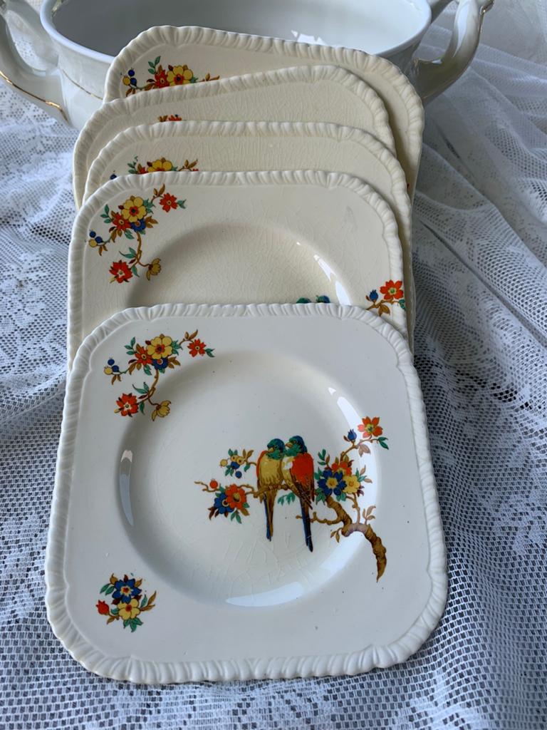 5 Gebakbordjes papegaai - Art Deco Staffordshire, Antiek en Kunst, Antiek | Servies los, Ophalen of Verzenden