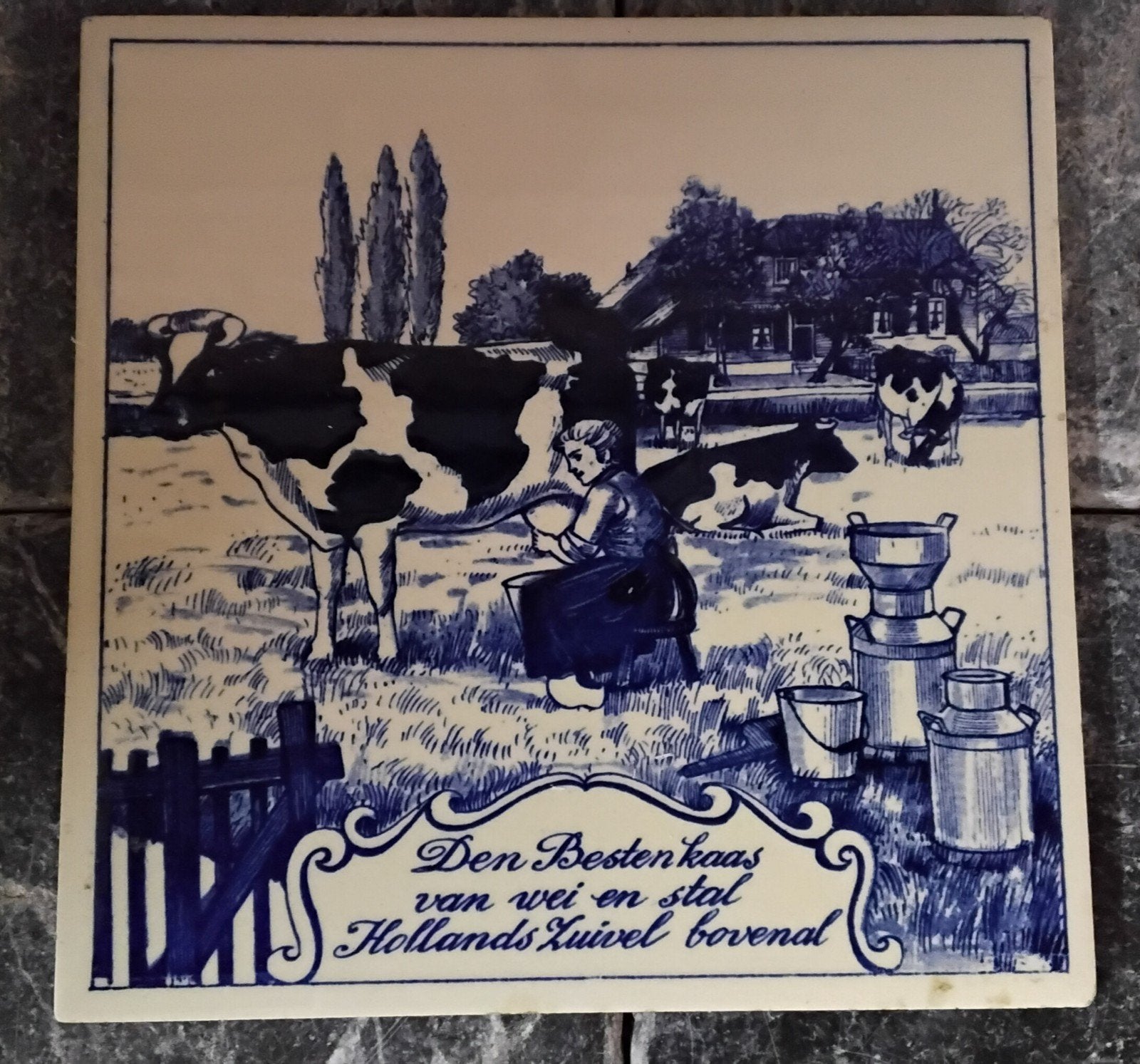 Delfts Blauw Tegeltableau: Hollands Tafereel met Koeien, Ophalen