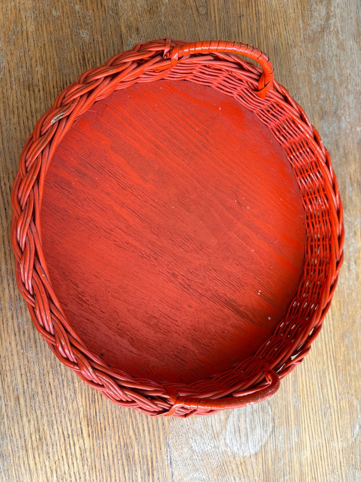 Vintage Oranje rieten dienblad met handvatten, jaren 70, Gebruikt, Gevlochten, Rond, Ophalen of Verzenden
