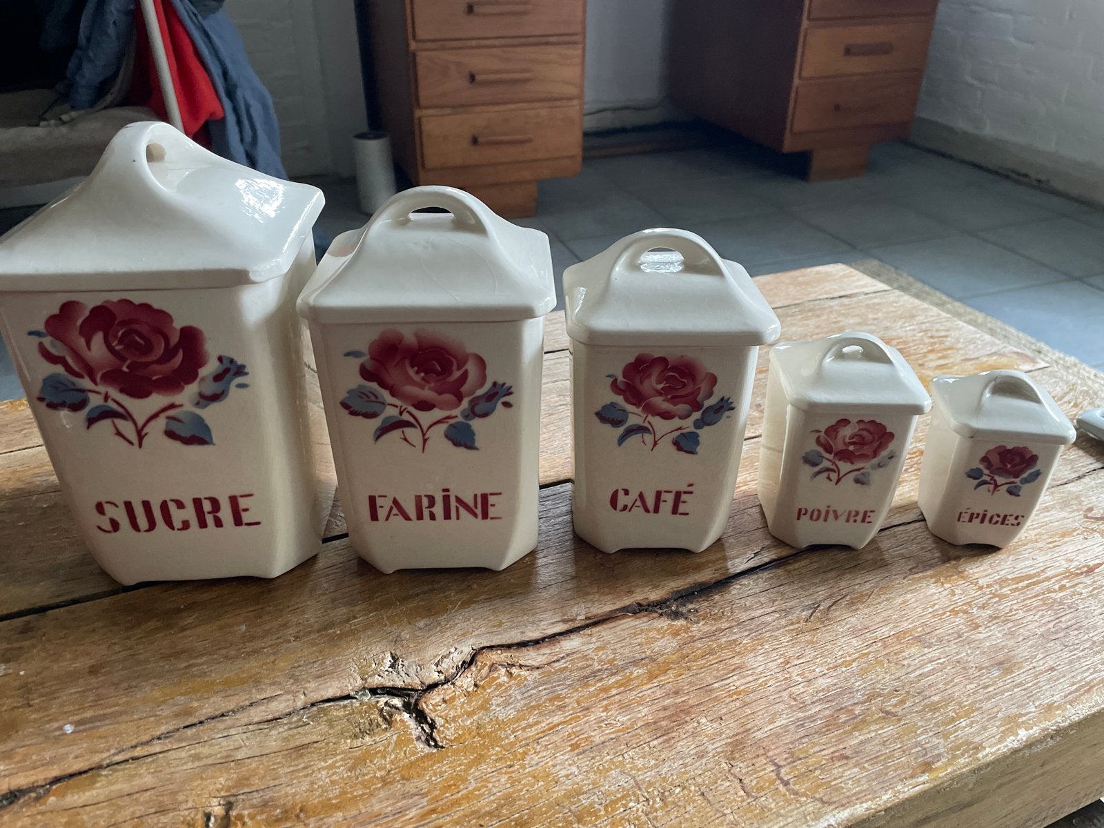 Vintage Keukenpotten Set - Sucre, Farine, Café, Poivre, Épic, Antiek en Kunst, Ophalen of Verzenden