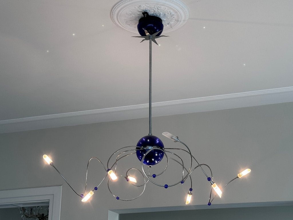 Prachtige Italiaanse design hanglamp, Muranoglas, blauw, Ophalen, Gebruikt, Glas, Design