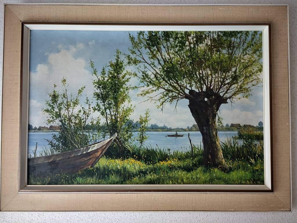 Olieverfschilderij landschap Beltschutsloot/Giethoorn, Doek, Realistisch, Ophalen of Verzenden, Gesigneerd