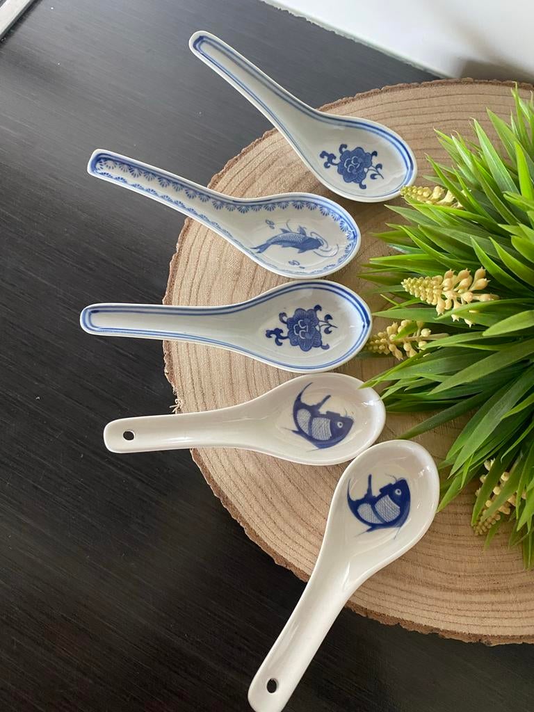Set van 5 Chinese soeplepels met blauw-wit decor, Ophalen of Verzenden