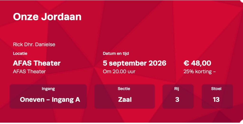 2 Tickets Onze Jordaan 5 september 2026 20 uur, Tickets en Kaartjes, Twee personen, September