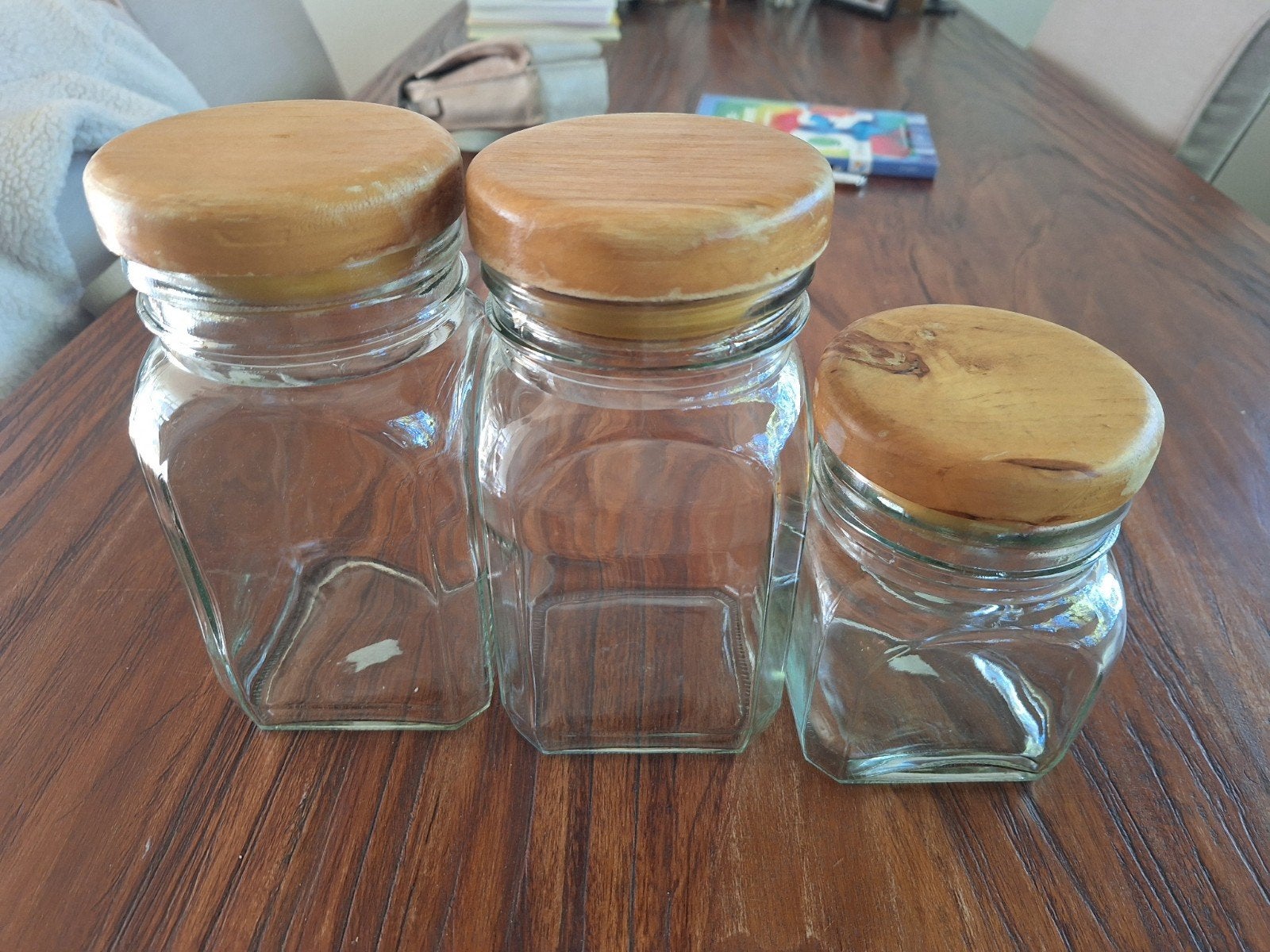 Set van 3 glazen voorraadpotten met houten deksel, Voorraadpot, Ophalen of Verzenden, Gebruikt, Glas
