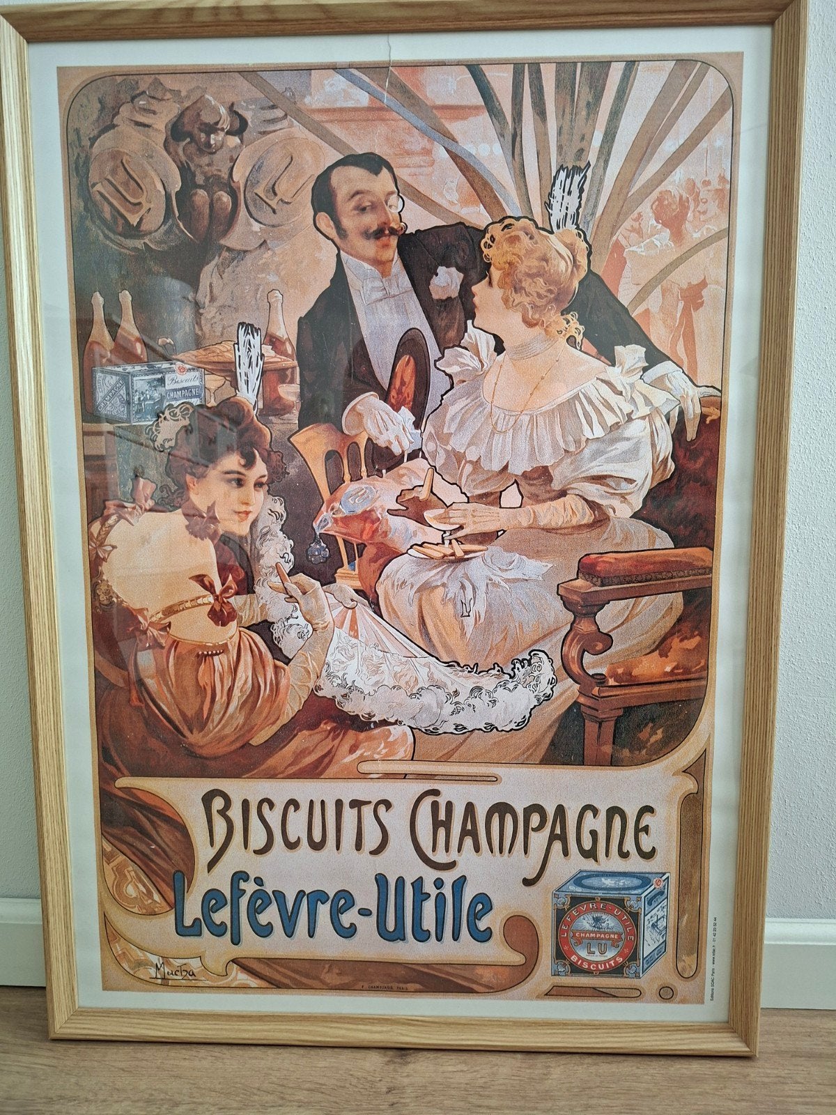 reclameposter Alphonse Mucha  50x70 cm - Biscuits Champagne, Ophalen, Met lijst, A1 t/m A3, Reclame