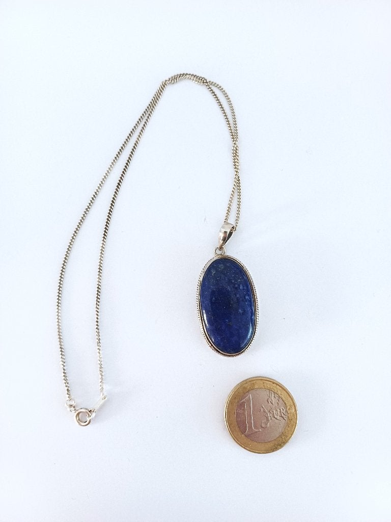zilveren ketting en grote hanger met lapis lazuli, Sieraden, Tassen en Uiterlijk, Ophalen of Verzenden, Zo goed als nieuw, Met edelsteen