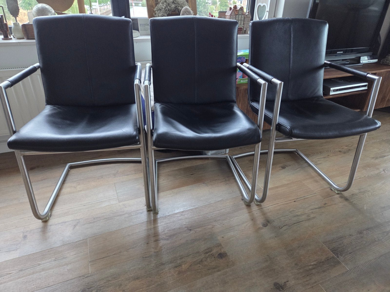 6 zwarte leren eetkamerstoelen van Eijerkamp, Ophalen, Gebruikt, Zwart, Modern