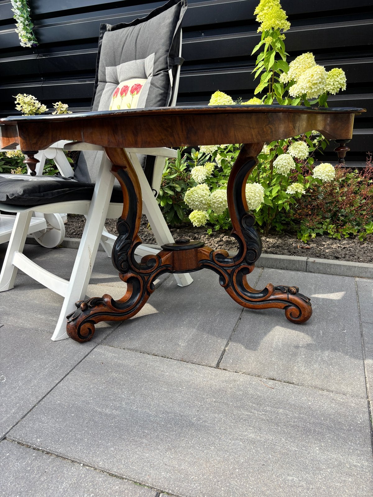 2 Antieke halfronde consoletafels, wortelnoten, Antiek en Kunst, Antiek | Meubels | Tafels, Ophalen