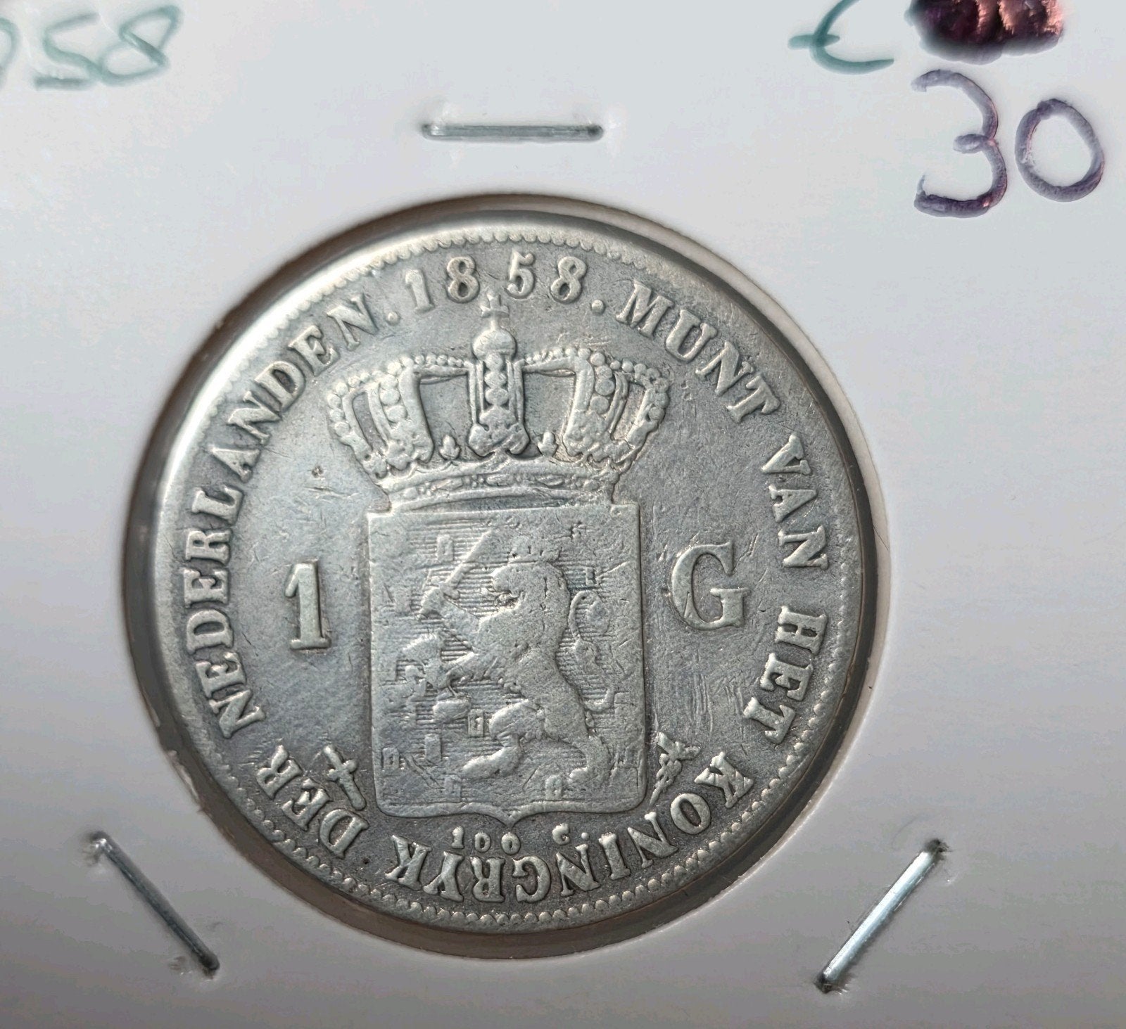1 gulden 1858 Nederland, 1 gulden, Koning Willem III, Verzenden, Zilver