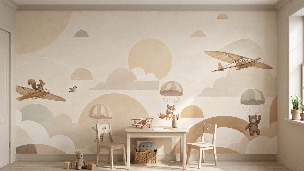 Fotobehang kinderkamer – vliegtuigen met parachutedieren, Overige patronen, Meerkleurig, Natuurlijk, Overige merken